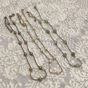 Monet Pearl Choker Necklace Trio Gold Tone Box Chain Ivory Green Gold Pearls VTG